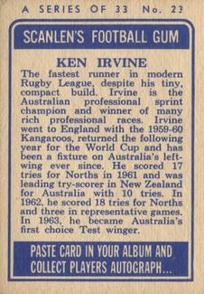 1964 Scanlens NRL #23 Ken Irvine Back